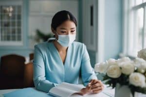 Asian woman wearing a surgical mask while reading a book.
