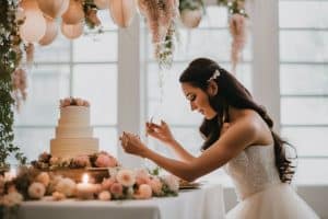 A bride cutting her wedding cake.