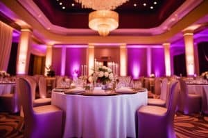A wedding reception with purple lighting in a ballroom.