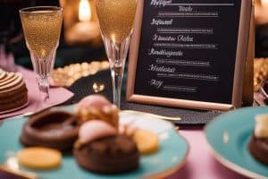 A table with desserts and champagne on it.