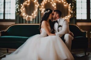 A bride and groom sitting on a green couch in front of lights.
