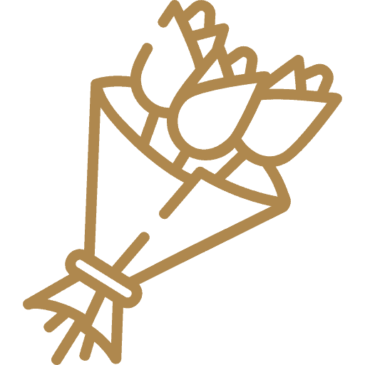 Gold line-art icon of a bouquet of three roses wrapped in Berkshire-style paper.