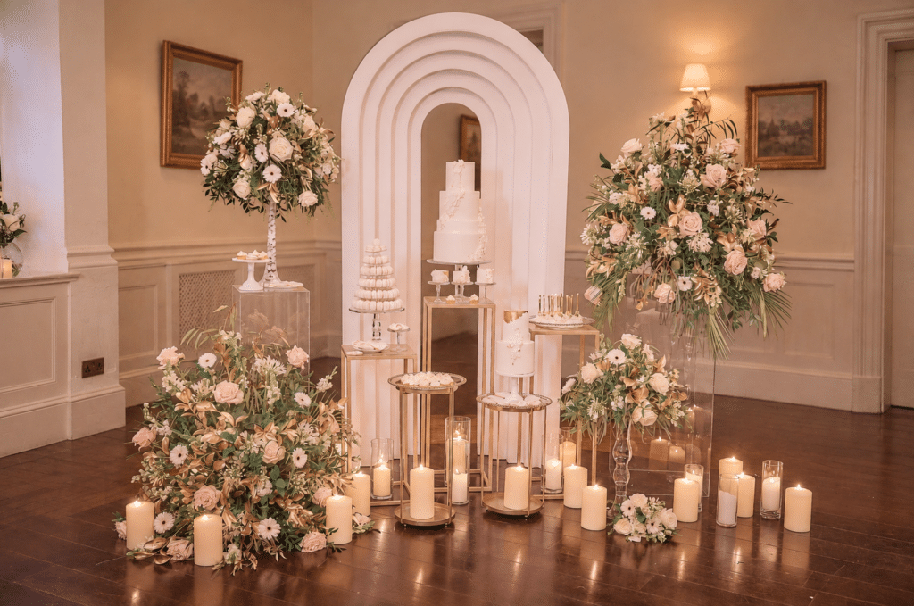 Rainbow arch wedding cake backdrop